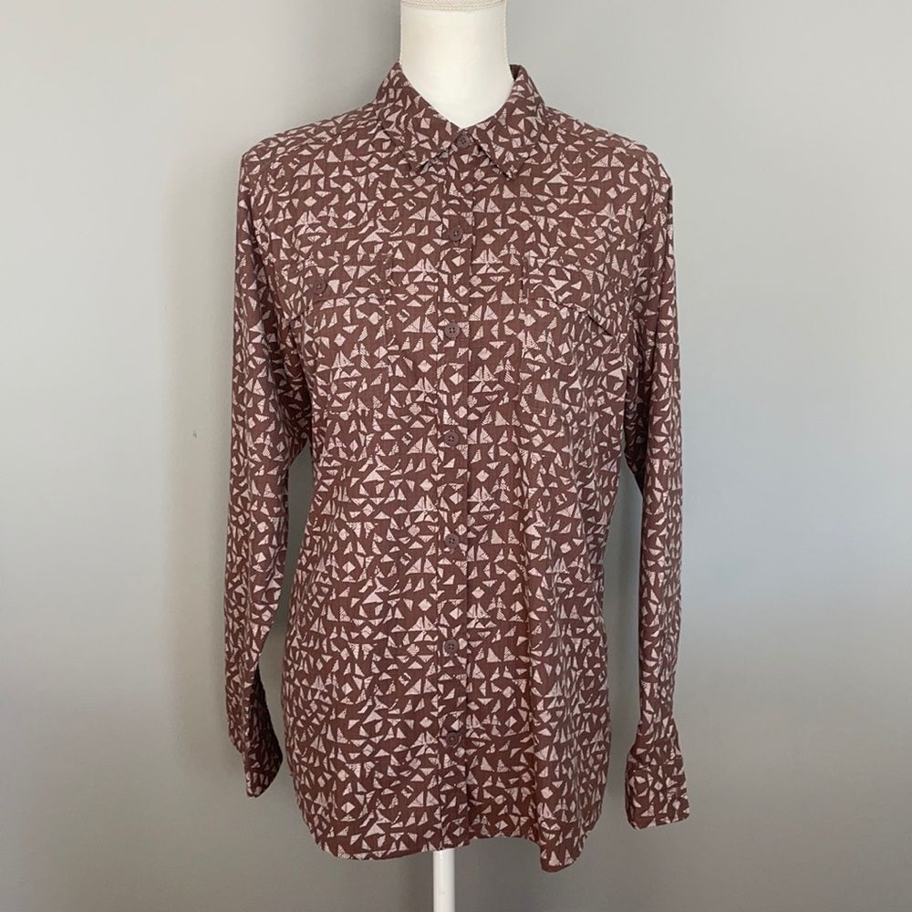 REI Long Sleeve Button Down Brown Shirt With Geometric Pattern. Size Large.